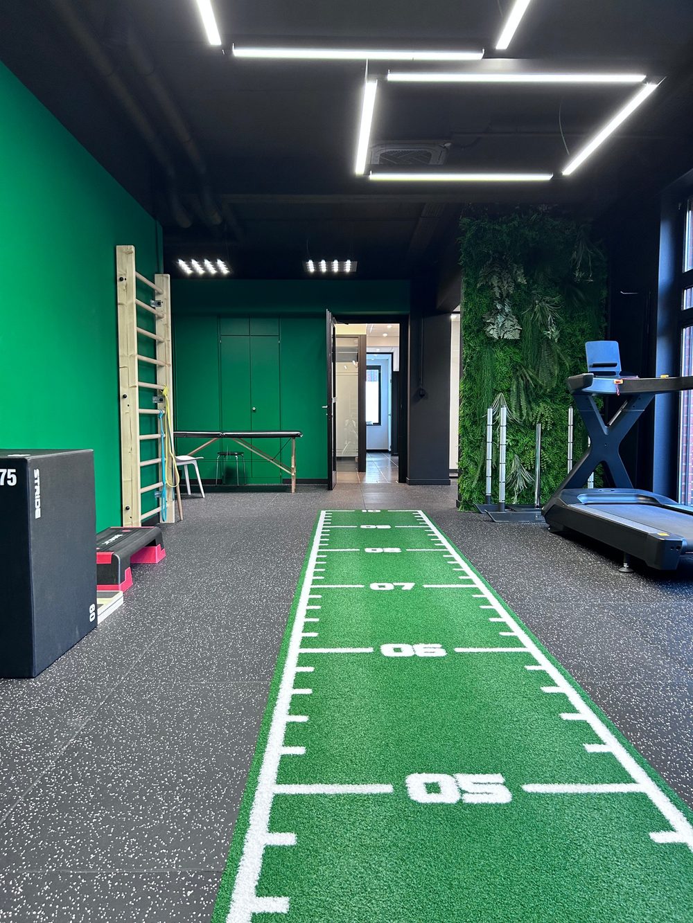 Salle du Centre Athléa&nbsp;: mur vert, espalier, table de soin, sprint track en gazon synthétique et tapis de course