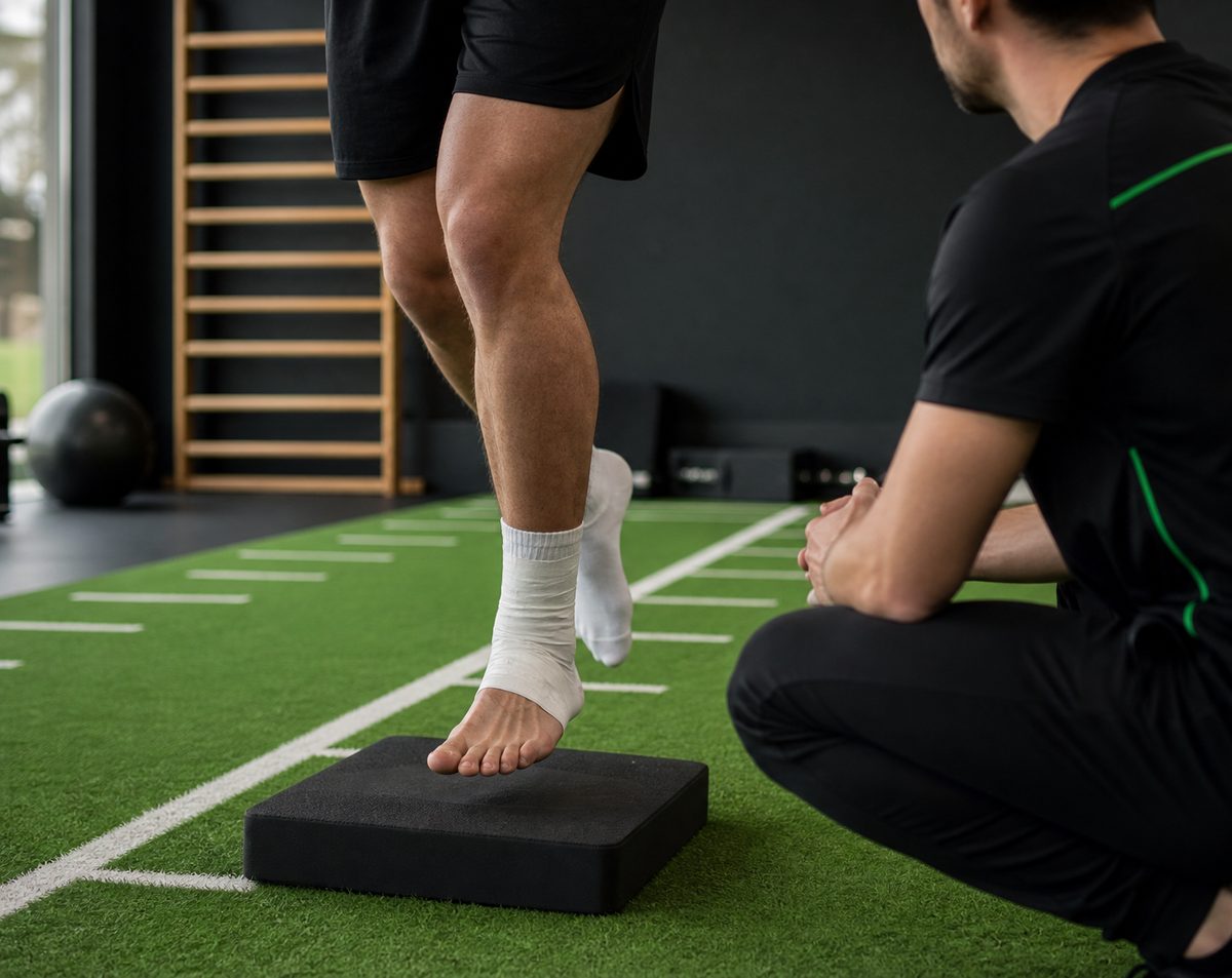 Sportif en appui sur une jambe sur un coussin d'équilibre, cheville strappée, guidé par un kinésithérapeute